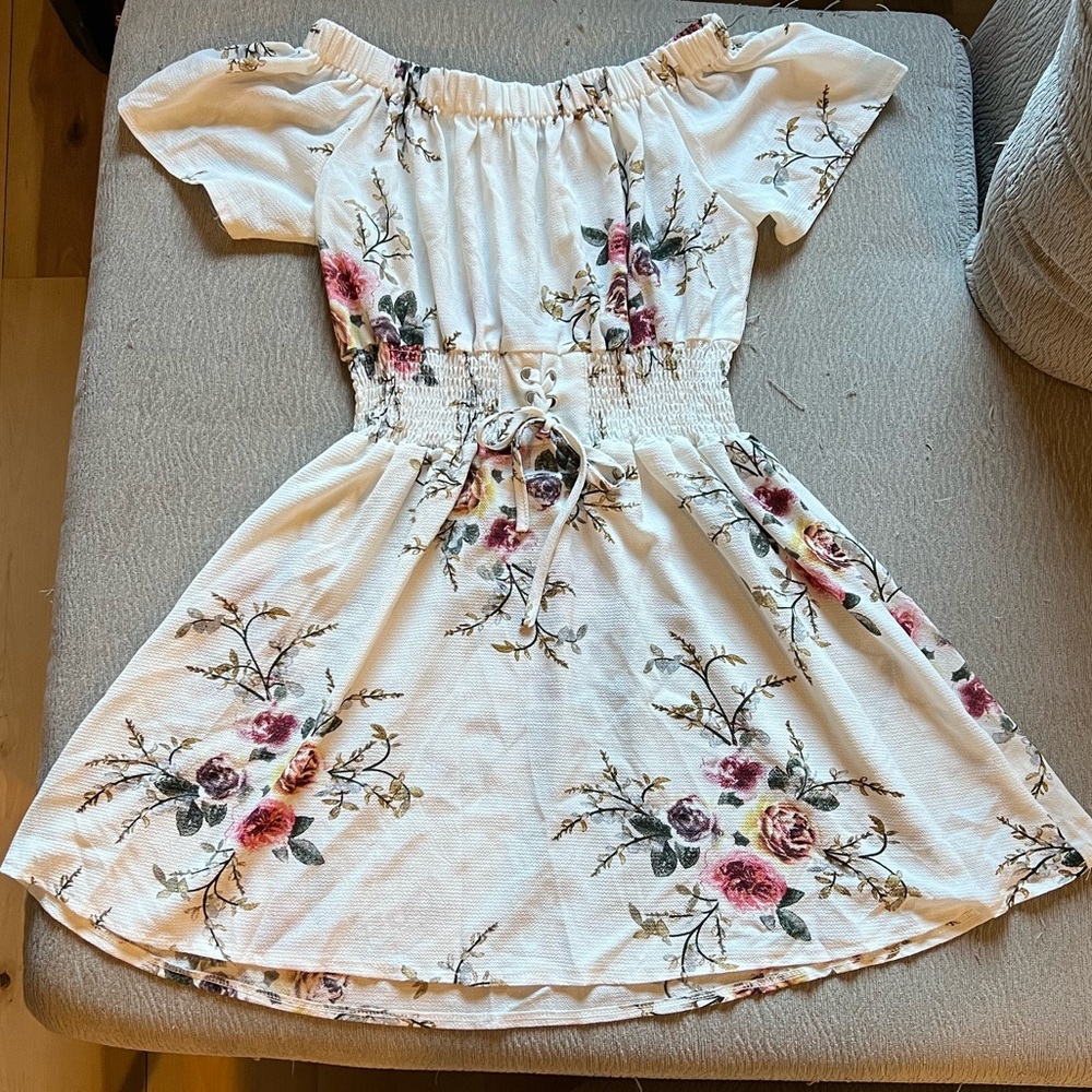 Off the shoulders strapless, white, floral dress